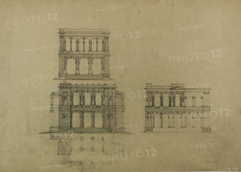 Design Projects, Building Elevation Studies and Plan, c. 1860-1870. Creator: Carl J Furst.