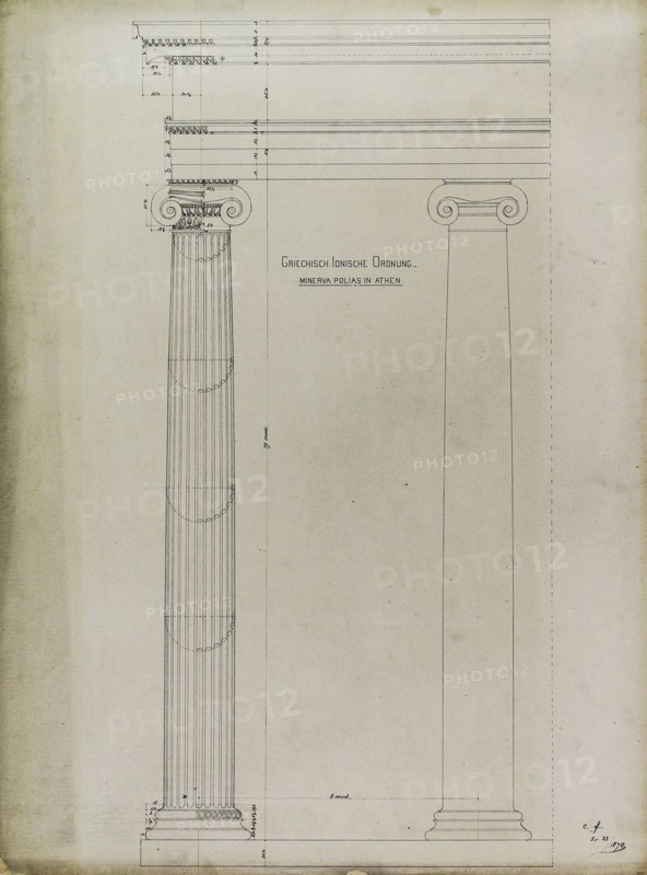 Orders of Architecture, Greek Ionic Order from the Temple of Minerva Polias, Elevation, 1870. Creator: Carl J Furst.