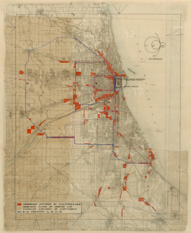 Plan of Chicago, Chicago, Illinois, Railroad Circuits Diagram, 1909. Creator: Daniel Burnham.