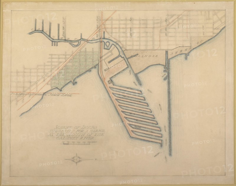 Plate 72 from The Plan of Chicago, 1909: Chicago. Sketch Diagram of Docks Suggested at the Mouth... Creator: Daniel Burnham.