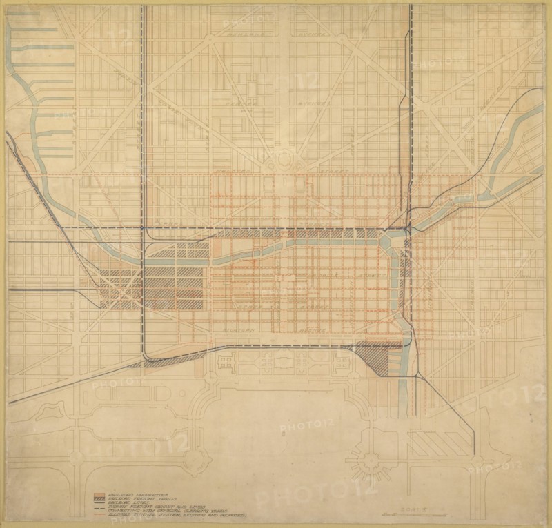 Plate 74 from The Plan of Chicago,1909: Chicago. Diagram of the City Center, Showing the General... Creator: Daniel Burnham.