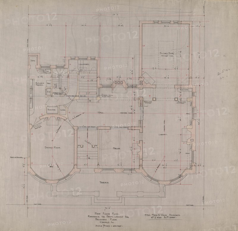 Bryan Lathrop House, Chicago, Illinois, First Floor Plan, c. 1892. Creator: McKim, Mead and White.