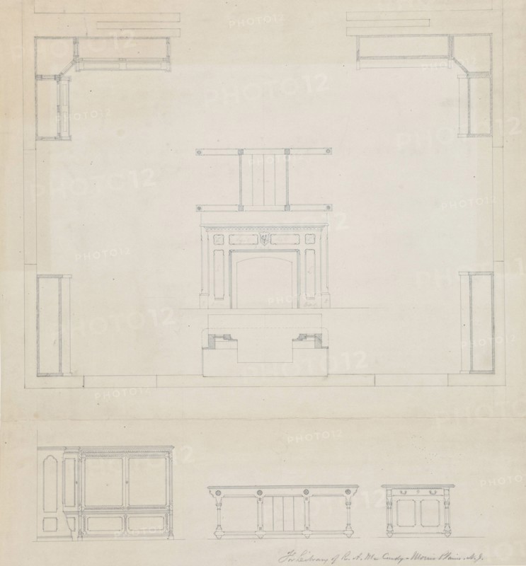 Library for R.A. McCurdy, Morris Plaines, New Jersey, Elevations of Mantel and Furniture, c. 1869. Creator: Peter Bonnett Wight.