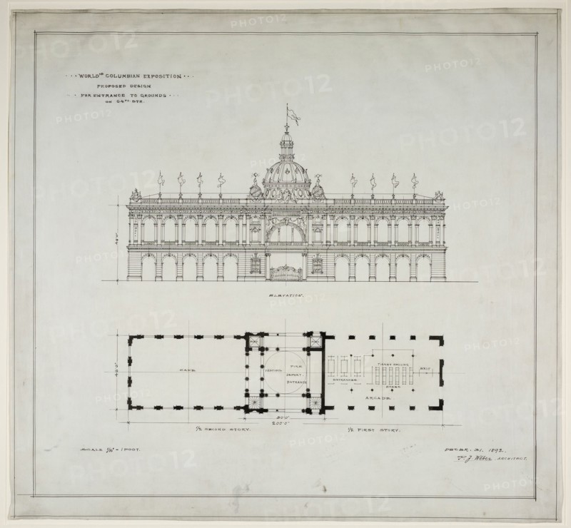 World's Colombian Exposition 64th Street Entrance, Chicago, Illinois, Plan and Elevation, 1892. Creator: Peter Joseph Weber.
