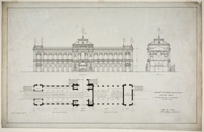 World's Colombian Exposition 60th Street Entrance, Chicago, Illinois, Plan and Elevation, 1893. Creator: Peter Joseph Weber.