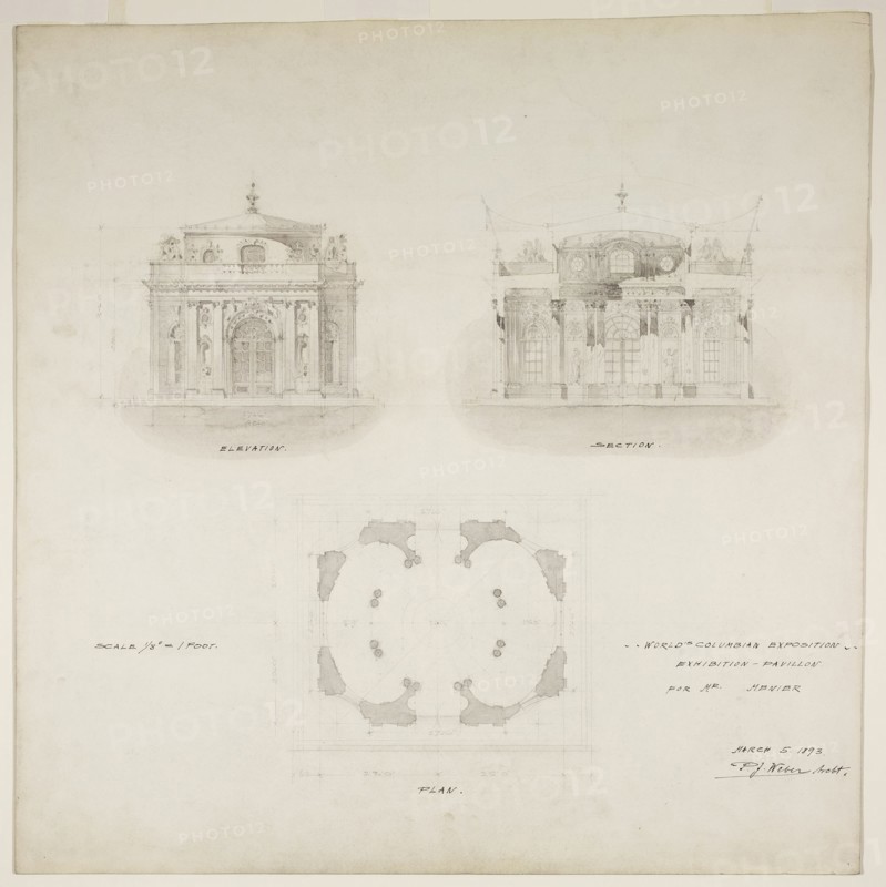World's Colombian Exposition Chocolate-Menier Pavilion, Chicago, Plan, Elevation, and..., 1893. Creator: Peter Joseph Weber.
