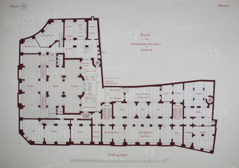 Rathskeller Neubau, Halle (Saale), Saxony-Anhalt, Germany, Basement Plan, c. 1887. Creator: Peter Joseph Weber.