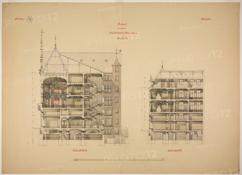 Rathskeller Neubau, Halle (Saale), Saxony-Anhalt, Germany, Two Sections, c. 1887. Creator: Peter Joseph Weber.