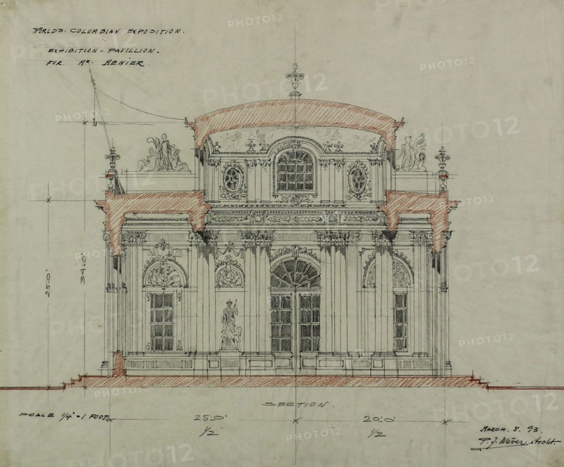 Chocolate-Menier Pavilion, World's Colombian Exposition, Chicago, Illinois, Section Sketch, 1893. Creator: Peter Joseph Weber.