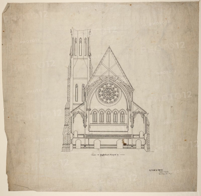 Second Presbyterian Church, Chicago, Illinois, Transverse Section, 1874. Creator: Renwick & Sands.