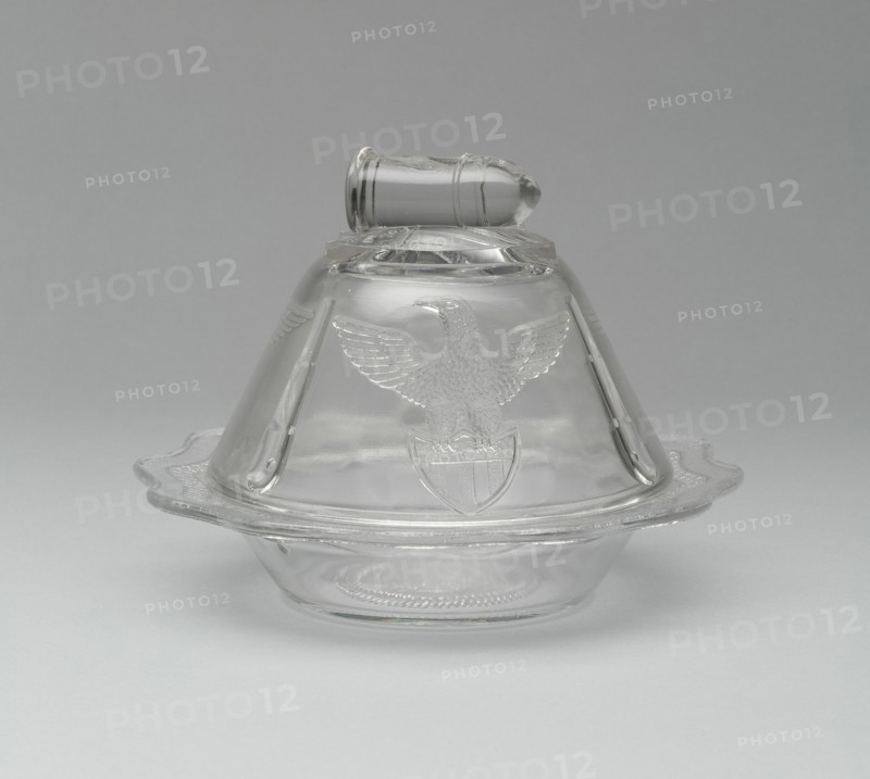 Bullet & Emblem pattern covered butter dish, 1870/1900. Creator: Unknown.