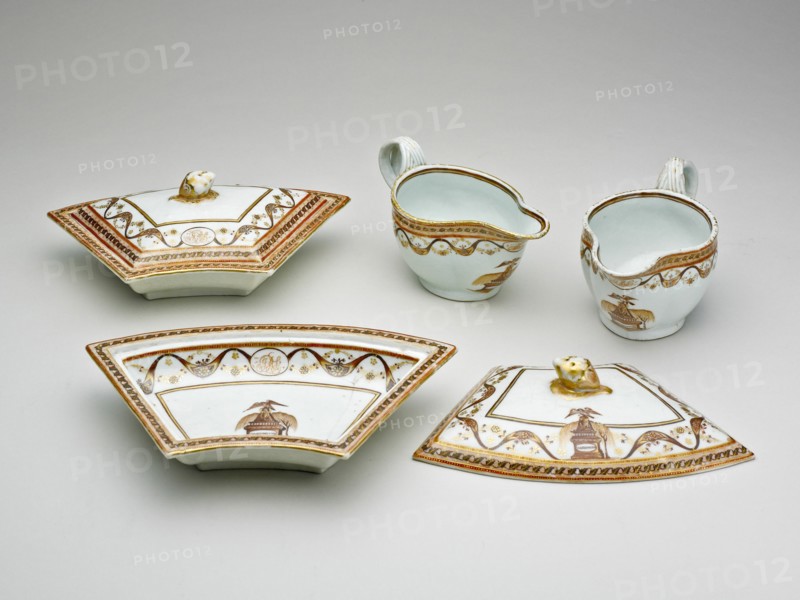 Two Sauceboats and Two Covered Tureens from the "Washington Memorial Service", c. 1800. Creator: Unknown.