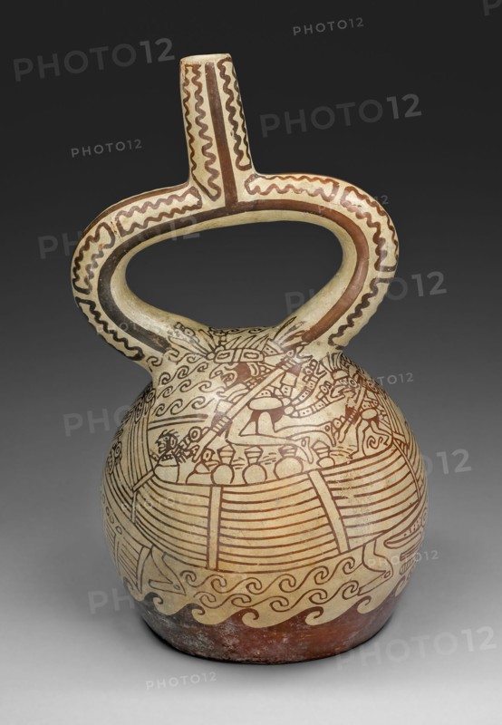 Stirrup Vessel with Fineline Painting Depicting a Figures in Reed Boat, 100 B.C./A.D. 500. Creator: Unknown.