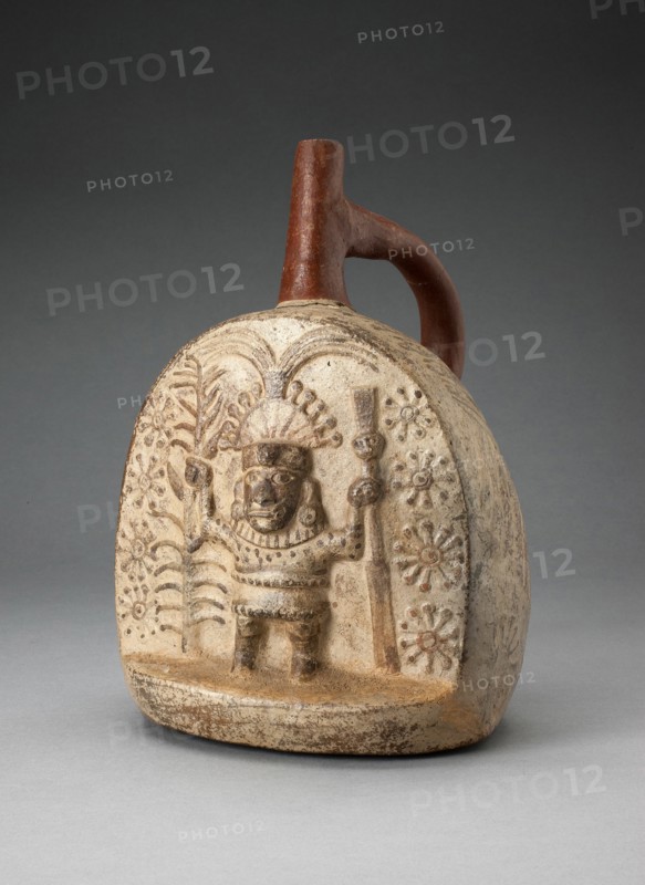 Handle Spout Vessel with Relief Depicting a Standing Figure, Holding Farming Tools, 100 B.C./A.D. 50 Creator: Unknown.