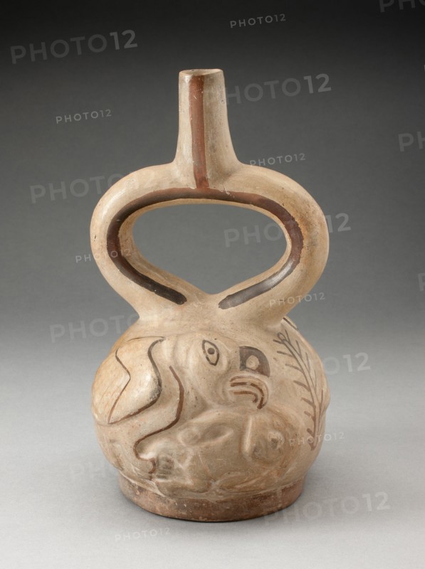 Stirrup Spout Vessel with Raised Design of a Man Attacked by a Bird, 100 B.C./A.D. 500. Creator: Unknown.