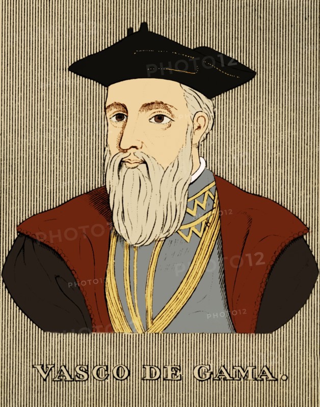 'Vasco De Gama',  (c1460s-1524), 1830. Vasco da Gama (c1460s-1524) Portuguese explorer and the first European to reach India by sea, which opened sea routes for an age of global imperialism. From "Biographical Illustrations", by Alfred Howard. [Thomas Tegg, R. Griffin and Co., J. Cumming, London, Glasgow and Dublin, 1830]. (Colorised black and white print).