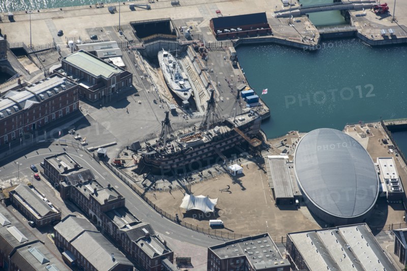 HMS Victory, HMS M33 and the Mary Rose Ship Hall, Portsmouth Historic Dockyard, 2018. Creator: Historic England.