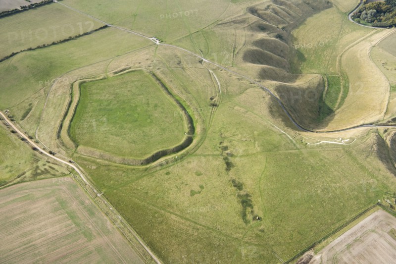 Uffington Castle hillfort and the Uffington White Horse chalk hill figure, Oxfordshire, 2019. Creator: Damian Grady.