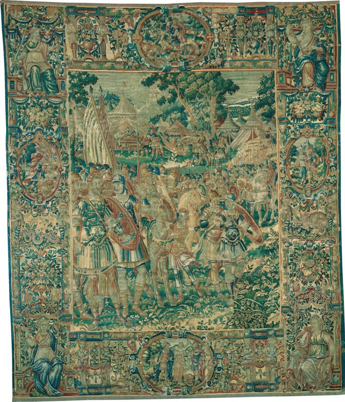 Alexander Kneeling before Jaddus at the Gates of Jerusalem [left section], from The Story of Alexander the Great, Flanders, c. 1600. Alexander's conversion to Judaism. Possibly woven at the workshop of Jacques Tseraerts, from designs attributed to Nicolaas van Orley.