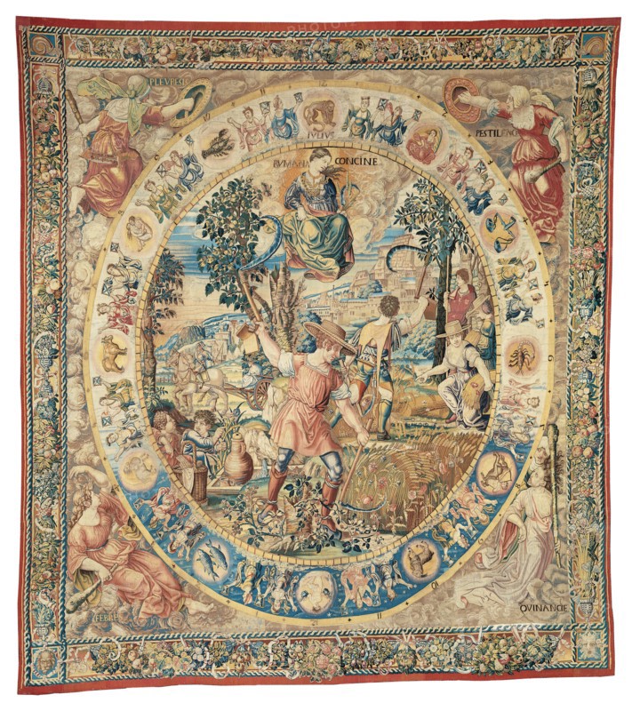 July, from The Medallion Months, Brussels, before 1528. Harvest scene with Runcina, the goddess of weeding or mowing in Roman mythology. In the circular frame are the signs of the zodiac. In the four corners are personifications of diseases. After a design by an artist in the circle of Bernard van Orley.