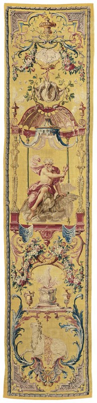 The Month of July/The Sign of Leo, from The Grotesque Months, Paris, c. 1726. The fleece and head of Amalthea, Jupiter riding an eagle and holding a thunderbolt, and the goat that suckled the infant god. Woven at the Manufacture Royale des Gobelins, after a design by Claude III Audran.