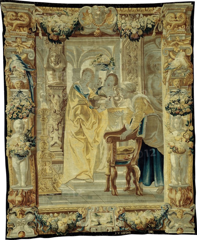 Tapestry (Four Servants), Flanders, c. 1650. Girl Offering Gifts, part of Telemachus Leading Theoclymenus to Penelope, from The Story of Odysseus. Woven at the workshop of Jan van Leefdael, after a design by Jacob Jordaens.