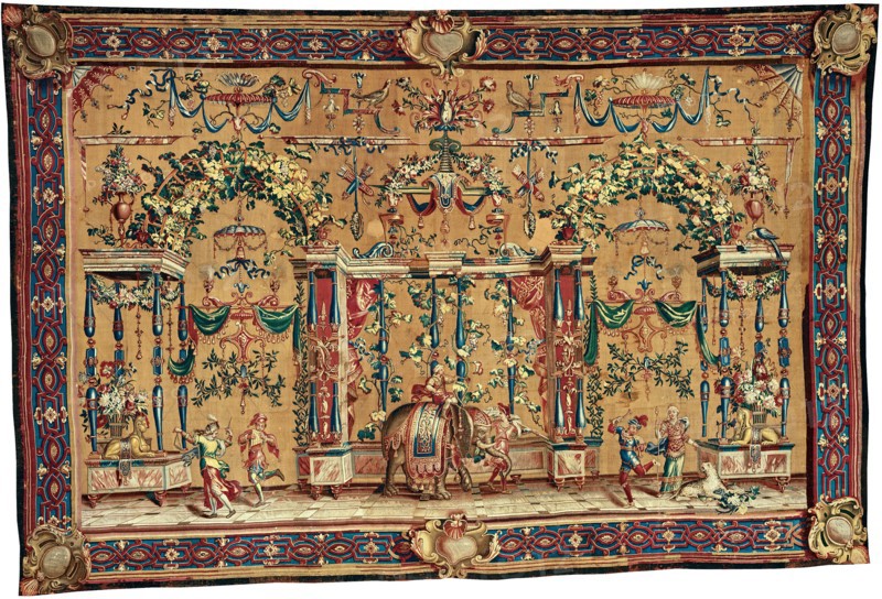 The Elephant, from The Berain Grotesques Series, France, c. 1688/1732. Woven at the Manufacture Royale de Beauvais under the direction of the Behagle family, the Filleul brothers, or Noël-Antoine Mérou, after a design by Jean Baptiste Monnoyer in the style of Jean I Berain; border design by Jean I Berain.