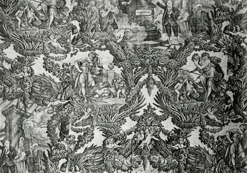 Garrick and Shakespeare with Tragedy and Comedy (Furnishing Fabric), England, c. 1790. Floral print with Shakespearean vignettes. Engraved by Caroline Watson after a painting by Robert Edge Pine.