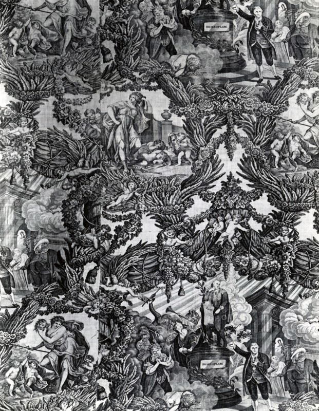 Garrick and Shakespeare with Tragedy and Comedy (Furnishing Fabric), England, c. 1790. Floral print with Shakespearean vignettes. Engraved by Caroline Watson after a painting by Robert Edge Pine.