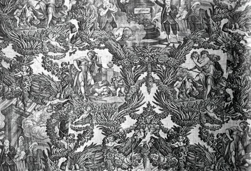 Garrick and Shakespeare with Tragedy and Comedy (Furnishing Fabric), England, c. 1790. Floral print with Shakespearean vignettes. Engraved by Caroline Watson after a painting by Robert Edge Pine.