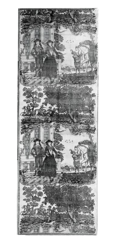 Panel (Furnishing Fabric), England, c. 1785. Lady and gentleman, turbanned groom with horses, riders and hunting dogs. After Daniel Mytens the elder, manufactured by Sir Robert Peel.