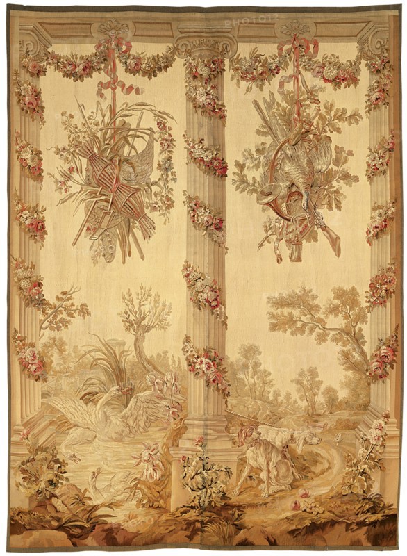 A Panel from a Porticoes Series, France, 1775/1800. Swans and hunting dogs. Woven at the Manufacture Royale du Beauvais or the Manufacture Royale d'Aubusson, possibly after designs by Jean-Baptiste Oudry and/or Jean-Baptiste Huet.