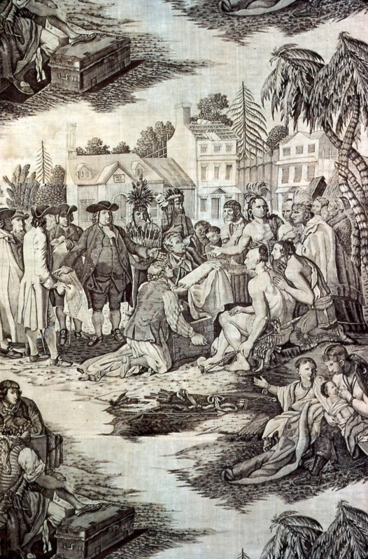 William Penn's Treaty with the Indians (Furnishing Fabric), England, c. 1785. Quaker leader Penn in a meeting with Native Americans. After an engraving by John Hall after a painting by Benjamin West.