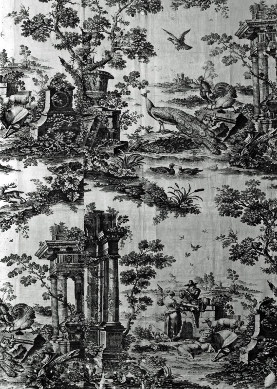 Panel (Furnishing Fabric), Middlesex, 1761. Pastoral scene with peacocks and ruins, one of the earliest examples of patterned fabric produced using copper plate printing. After etchings by Nicolaes Berchem after an engraving by Josephus Sympson after a painting by Marmaduke Craduck after a drawing by Francis Barlow. Manufactured by Robert Jones and Company.