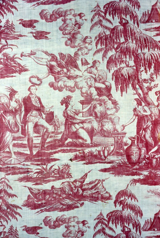 America Presenting at the Altar of Liberty Medallions of Her Illustrious Sons (Furnishing Fabric), England, c. 1785. After etchings by Pierre Eugène du Simitière.