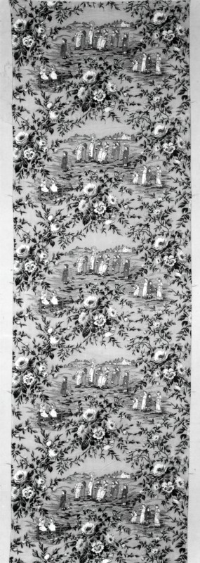Panel (Furnishing Fabric), United States, c. 1880/90. Floral print with vignettes of girls in bonnets, after Kate Greenaway, engraved and printed by Edmund Evans.