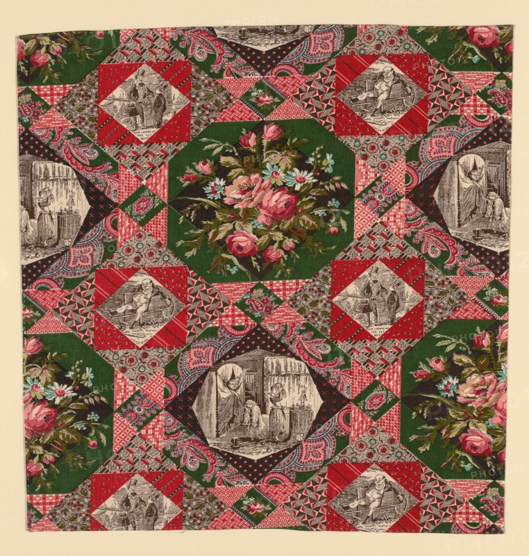 Fragment (Furnishing Fabric), England, After 1874. Floral print with vignette scenes from 'The Pickwick Papers' by Charles Dickens. After works by Hablot Knight Brown ('Phiz').