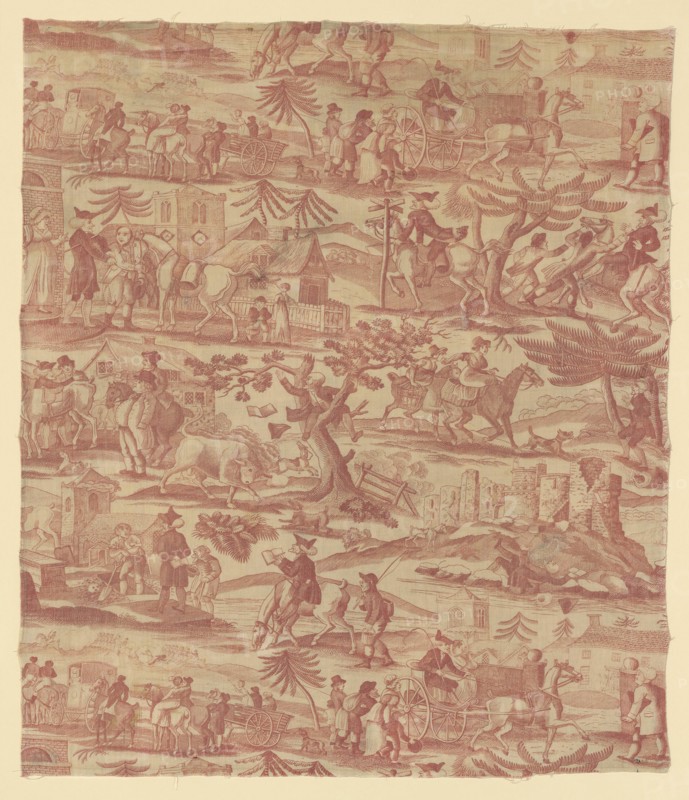 The Travels of Doctor Syntax (Furnishing Fabric), Manchester, c. 1820. The doctor rides a horse, talks to a grave-digger, climbs a tree to escape a bull, and falls over outside a castle. After works by Thomas Rowlandson.