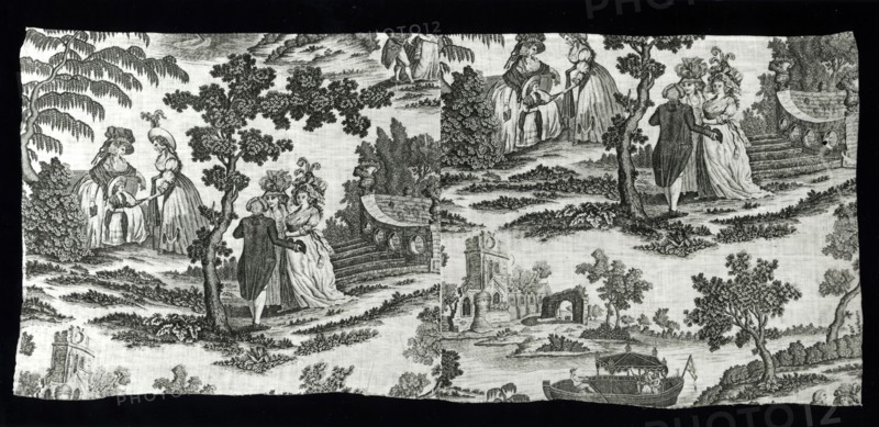 Panel (Furnishing Fabric), Manchester, c. 1780. Women in elaborate hats. Designed and engraved by D. Richards.