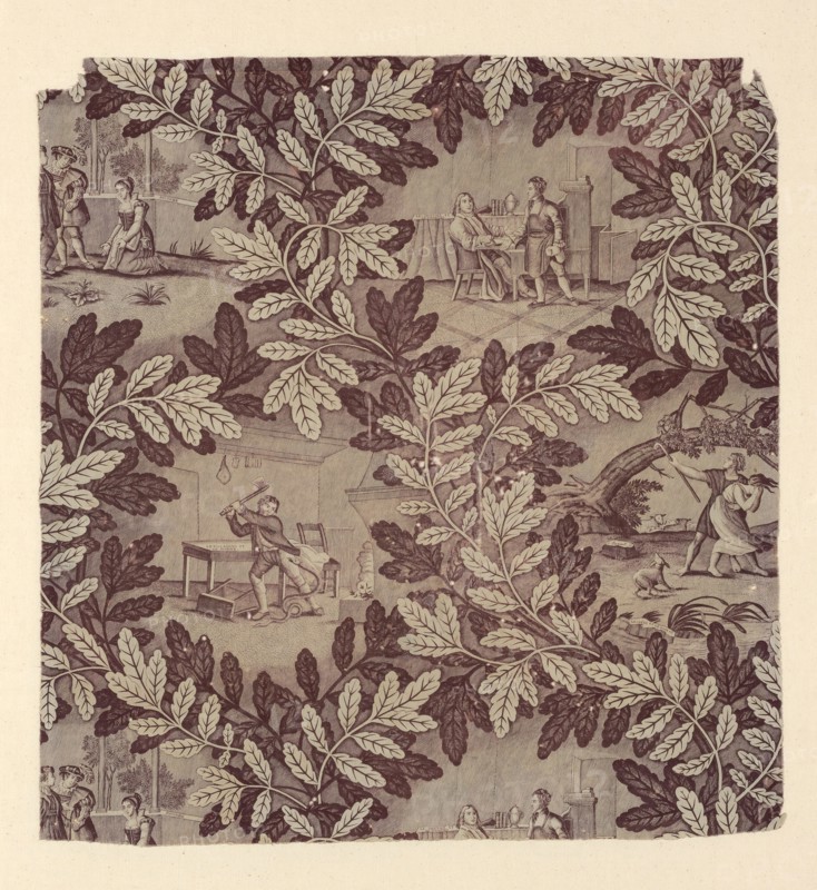 Fables of La Fontaine (Furnishing Fabric), Rouen, c. 1830. Foliage with scenes from the Fables of Jean de La Fontaine: 'Le Villageois et le Serpent', villager attacking a snake with an axe; 'Le Chêne et le Roseau', an oak tree representing the French king Louis XIV, and a reed which represent the people of France; 'Le Savetier et le Financier'; The Cobbler and the Financier. Designed by Alexandre Buquet after Jean Michel Moreau, the Younger, manufactured by Bapaume et Cocatrix.