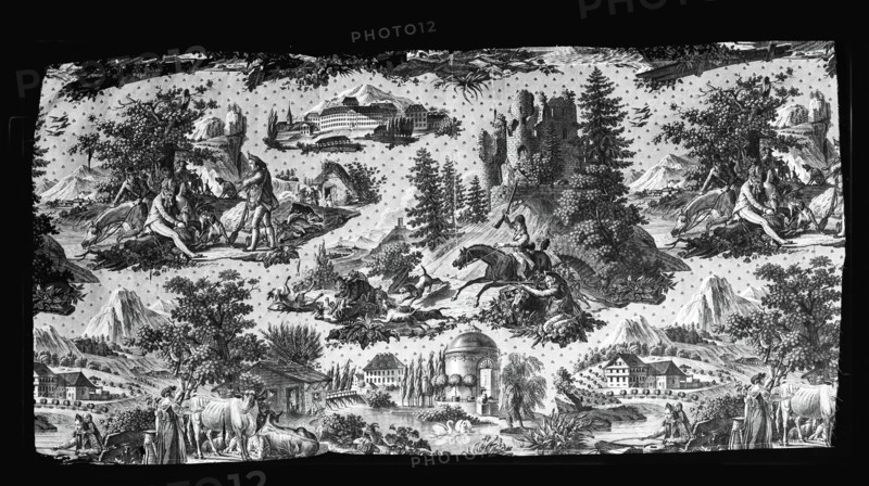 La Manufacture de Munster (Furnishing Fabric), Munster, c. 1816. Vignettes of rural scenes, and a view of the Munster textiles factory in France. Designed by Antoine Henri Lebert after Carle Vernet, manufactured by Hartmann et Fils.