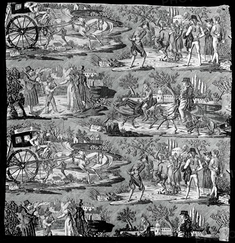 La Route de St. Cloud ou de Poissy (Furnishing Fabric), Nantes, 1822 or after. Designed by Carle Vernet and Delmès, engraved by Philibert Louis Debucourt after Vernet, manufactured by Favre Petitpierre et Cie.