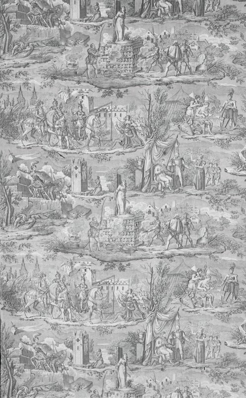 La Vie de Jeanne d'Arc (The Life of Joan of Arc) (Furnishing Fabric), Bolbec, after 1817. Joan, wearing armour, conquers Britannia; Joan is burned at the stake. Designed by Charles Abraham Chasselat, manufactured by François Kettinger et Fils.