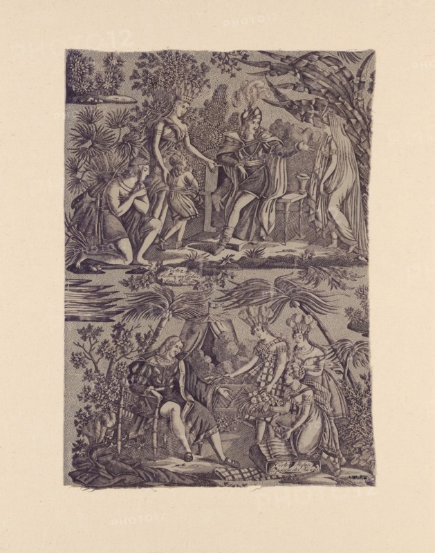 Le Romance du Cortés (The Song of Cortez) (Furnishing Fabric), Nantes, 1815. 'Cortez Recevoie une Esclave Sans Rançon', [Cortez Recieves a (female) Slave with no Ransom]; 'Cortez Refuse les presens des Indiens', [Cortez Refuses the gifts of the Indians]. Eurocentric view of the invasion and conquest of the Americas. Designed by Delmès after Hyacinthe Aubry-Lecomte, manufactured by Favre-Petitpierre et Cie.
