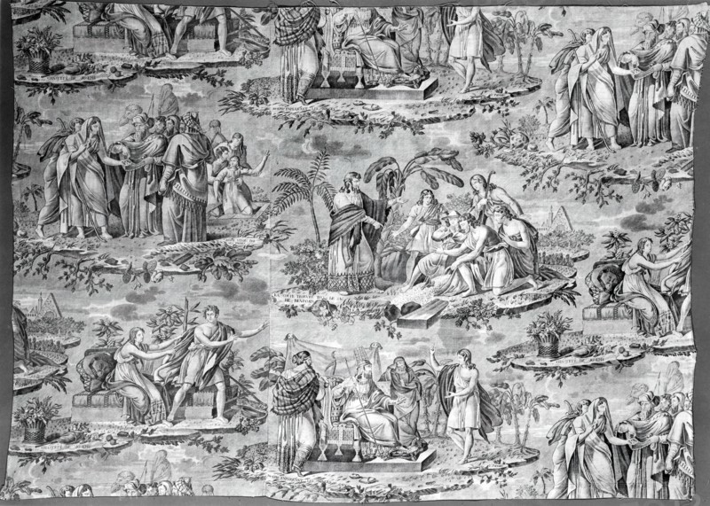 The Story of Joseph (Furnishing Fabric), Rouen, c. 1820. Scenes from the Old Testament: 'La coupe trouvée dans le sac de Benjamin', the cup found in Benjamin's bag; 'Joseph expliquant le songes', Joseph explaining Pharaoh's dreams; 'Chasteté de Joseph', Joseph refuses the advances of Potiphar's wife; 'Joseph vendu par ses frères', Joseph is sold by his brothers. Designed by François Pieters after Charles Abraham Chasselat, and engraved by Tony Johannot.