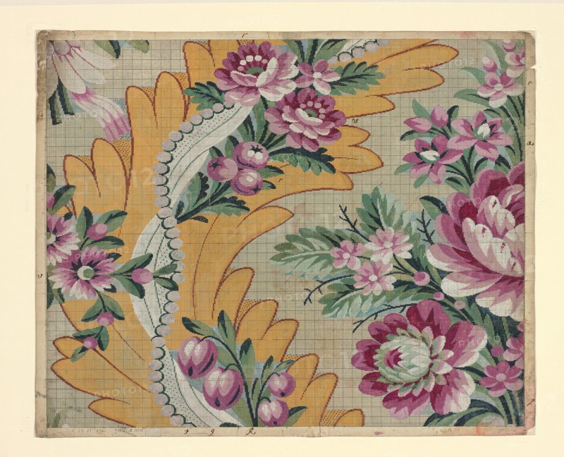 Mise-en-carte (Point-paper), France, 1787. Preparatory technical drawing for a patterned silk, instructions for the weaver. Designed by Germain Frères.