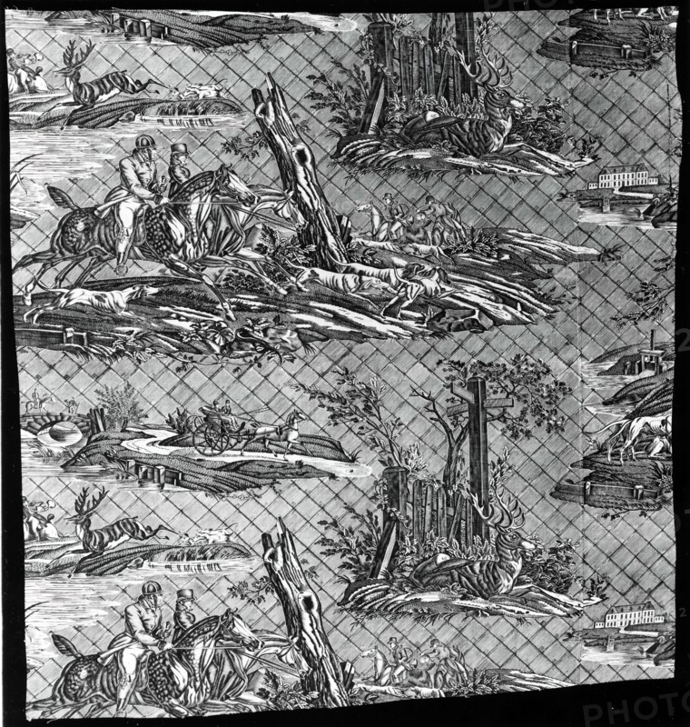 La Route de Jouy (The Road to Jouy) (Furnishing Fabric), France, 1815. Designed by Horace Vernet, engraved by Pierre Guillaime Lemeunnie, manufactured by Oberkampf Manufactory.