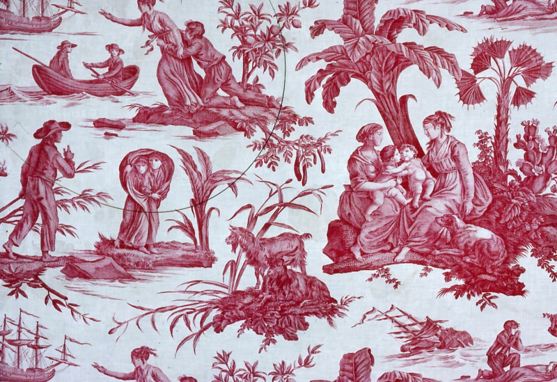 'Paul and Virginie', Furnishing Fabric, France, 1802. Designed by Jean Baptiste Huet after engraving by Abraham Girardet after drawing by Jean-Michel Moreau the Younger, based on the story by Bernardin de Saint-Pierre, manufactured by Oberkampf Manufactory.
