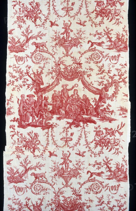 Le Couronnement de la Rosière (The Crowning of the Rose Maiden) (Furnishing Fabric), France, c. 1780. Designed by Jean Baptiste Huet after Jean Baptiste Greuze, manufactured by Oberkampf Manufactory.