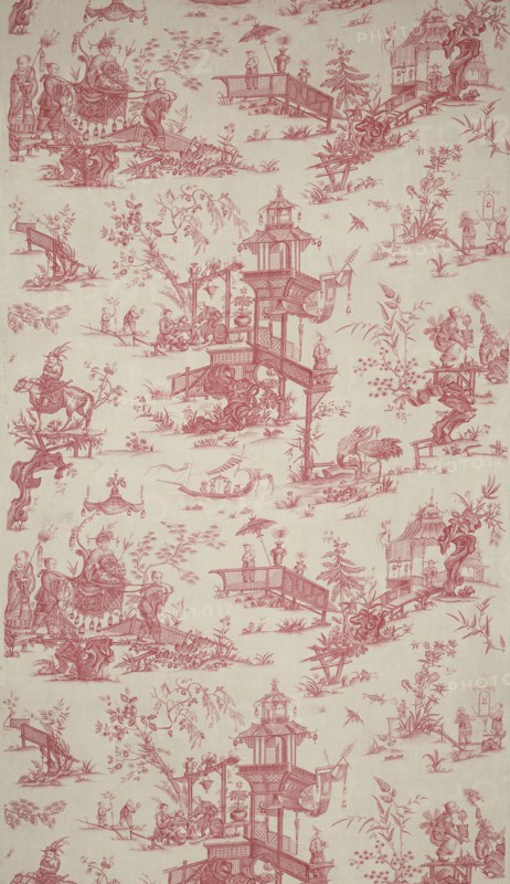 Panel (Furnishing Fabric), Nantes, c. 1786. Chinese-inspired pattern with teahouses, pagodas, exotic birds and nobles being carried in litters. Designed by Jean Baptiste Huët after Jean Baptiste Pillement.